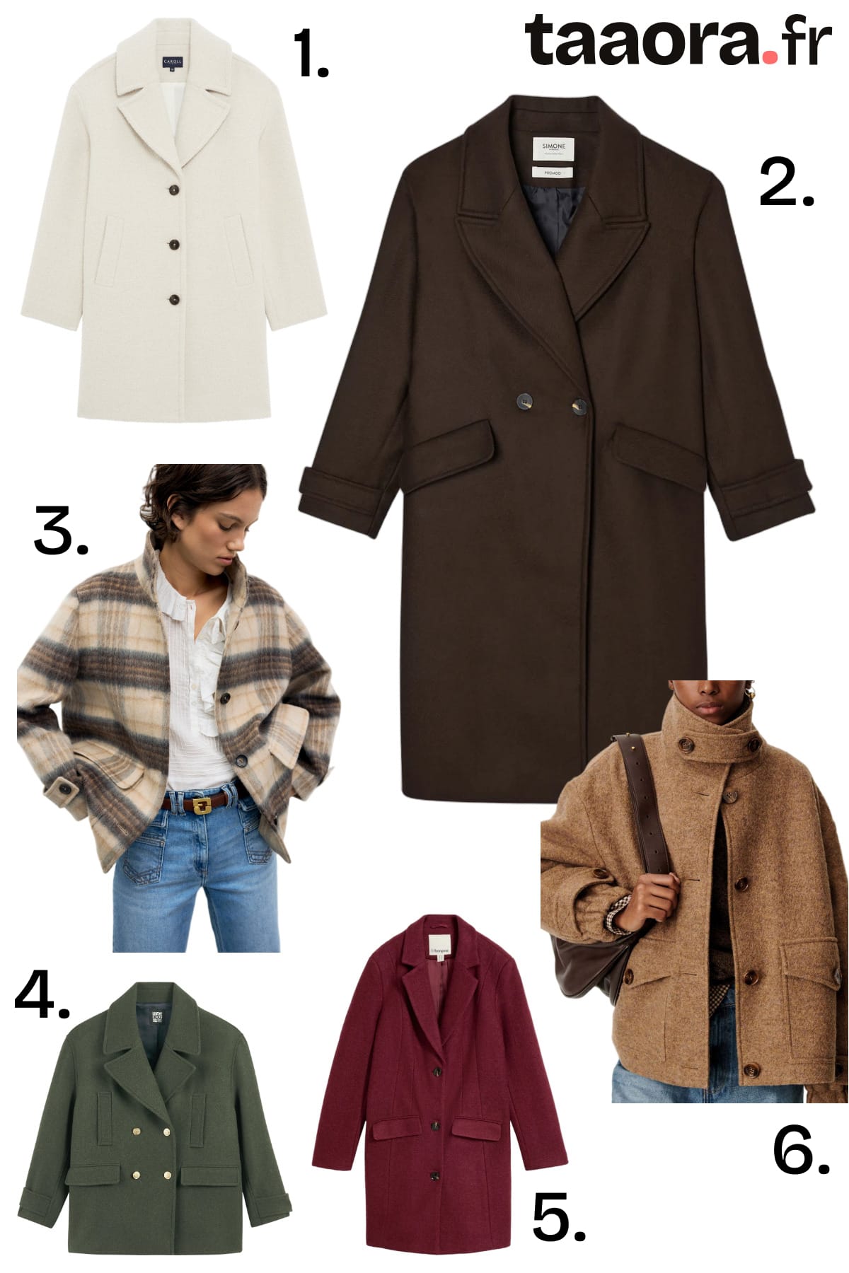 6 manteaux femme pour l’automne hiver 2026 2027 : marron, crème, à carreaux, kaki, bordeaux et camel.