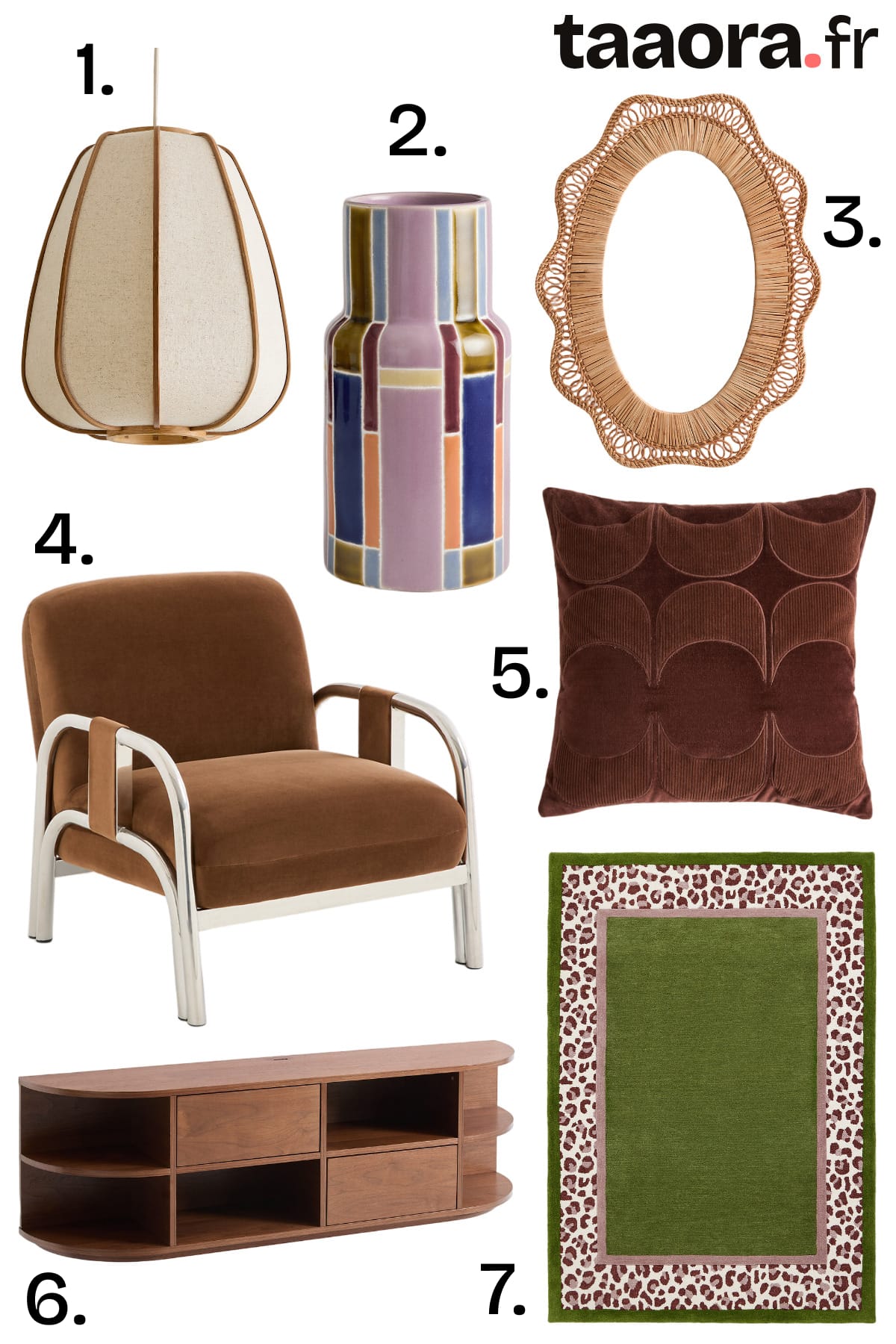 Sélection de 7 produits déco La Redoute Intérieurs automne-hiver 2026 : fauteuil en velours marron, miroir en rotin, tapis léopard