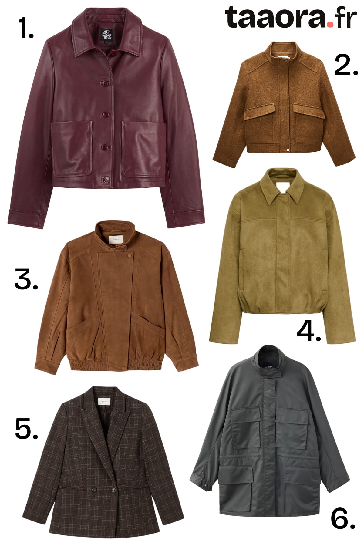 Sélection de six vestes femme pour l’automne 2026 : cuir bordeaux, blousons camel, veste olive, blazer à carreaux et veste utilitaire grise.