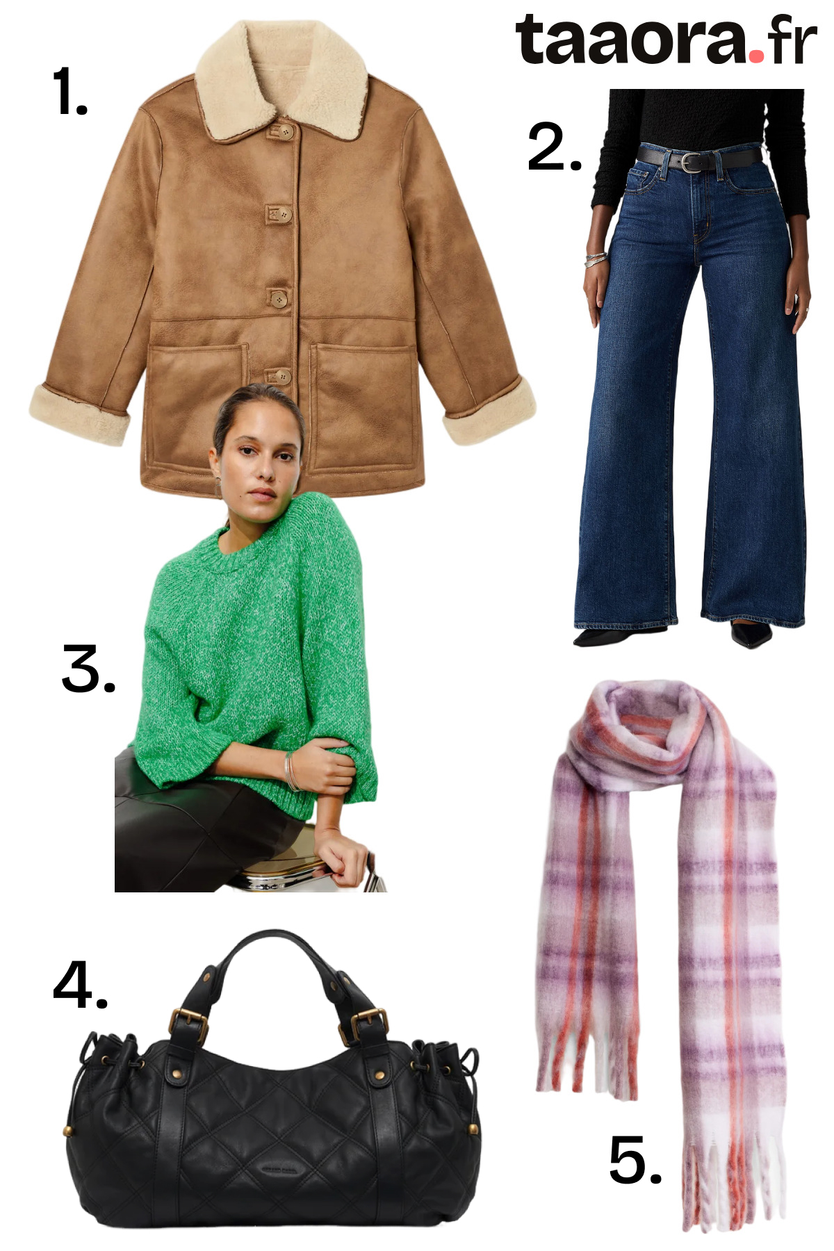 Sélection mode automne avec veste effet peau lainée camel, jean large brut, pull vert chiné, sac matelassé noir et écharpe à carreaux mauve